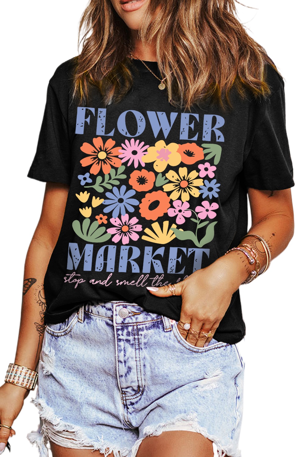 Women's Black FLOWER MARKET Graphic T-Shirt - Vintage Floral Design - Main View