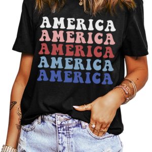 Women's Black Colorful AMERICA Print Crewneck Patriotic T-Shirt for Celebrating National Pride - Main View