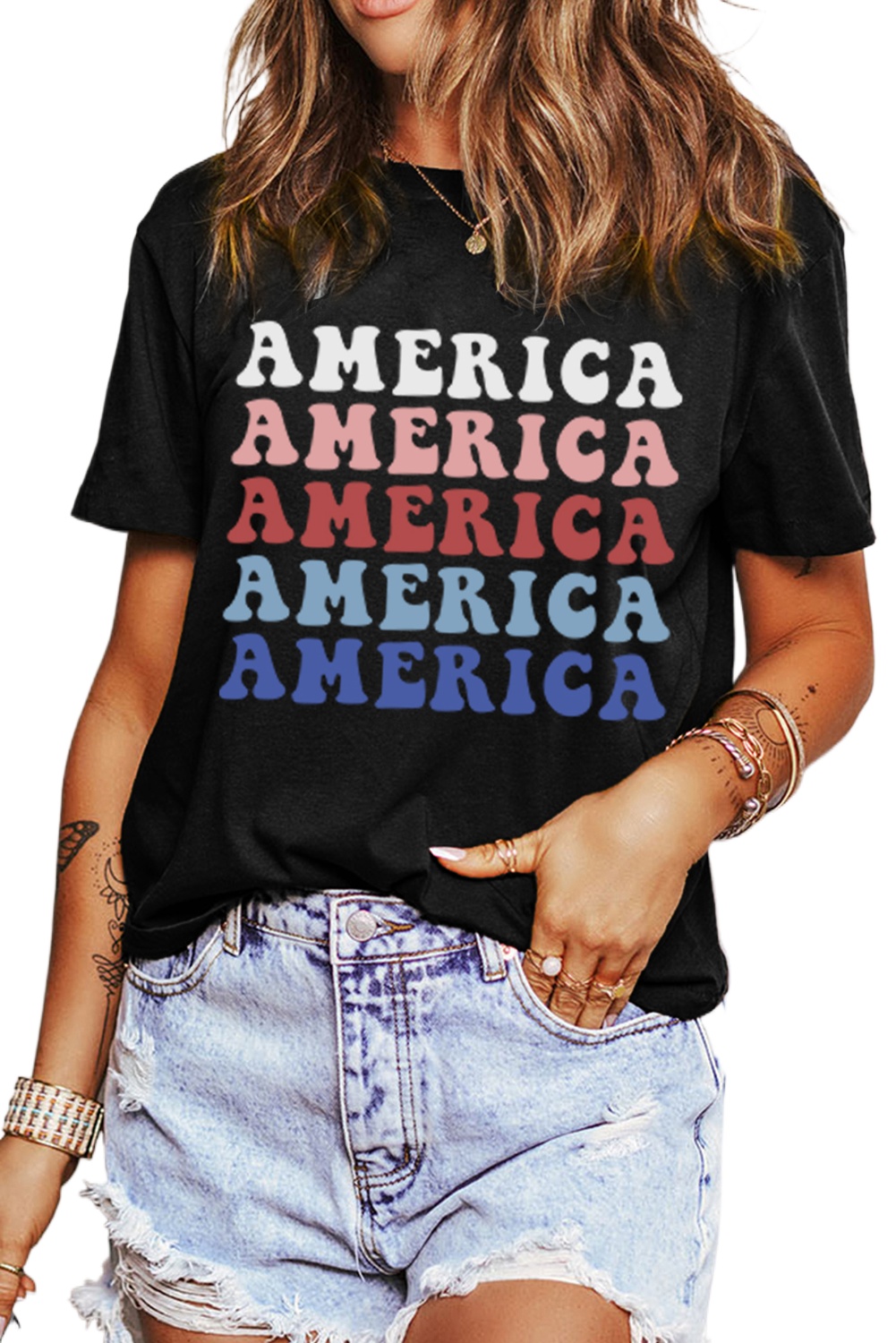 Women's Black Colorful AMERICA Print Crewneck Patriotic T-Shirt for Celebrating National Pride - Main View