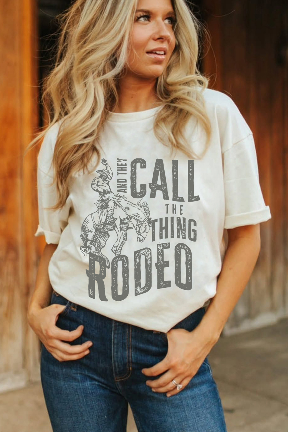 Casual Western Charm: Women's Short Sleeve Tee with Rodeo Print - Detail View 2