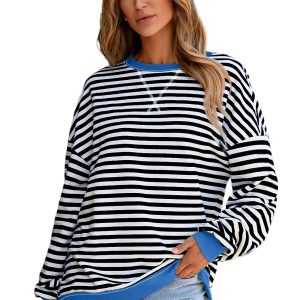 Women's White Stripe Contrast Ribbed Trim Oversized Drop Shoulder Sweatshirt - Main View
