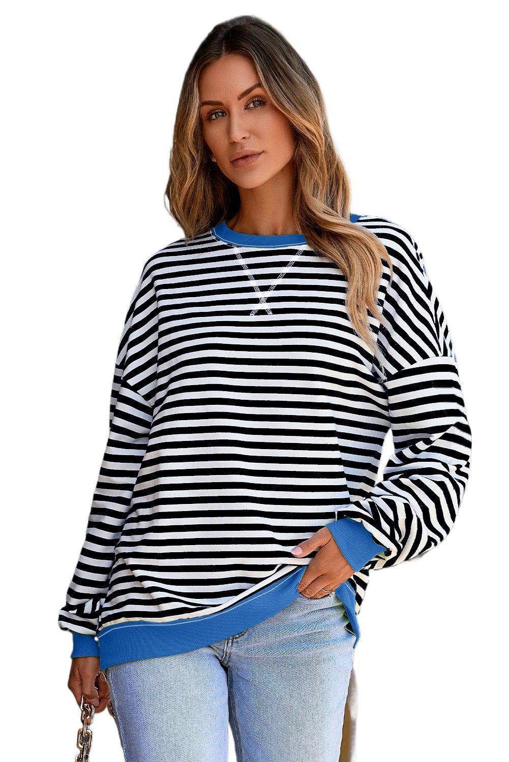 Women's White Stripe Contrast Ribbed Trim Oversized Drop Shoulder Sweatshirt - Main View