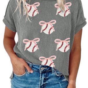 Women's Medium Grey Twist Ribbed Sequined Bow Graphic T-Shirt for Game Day - Main View