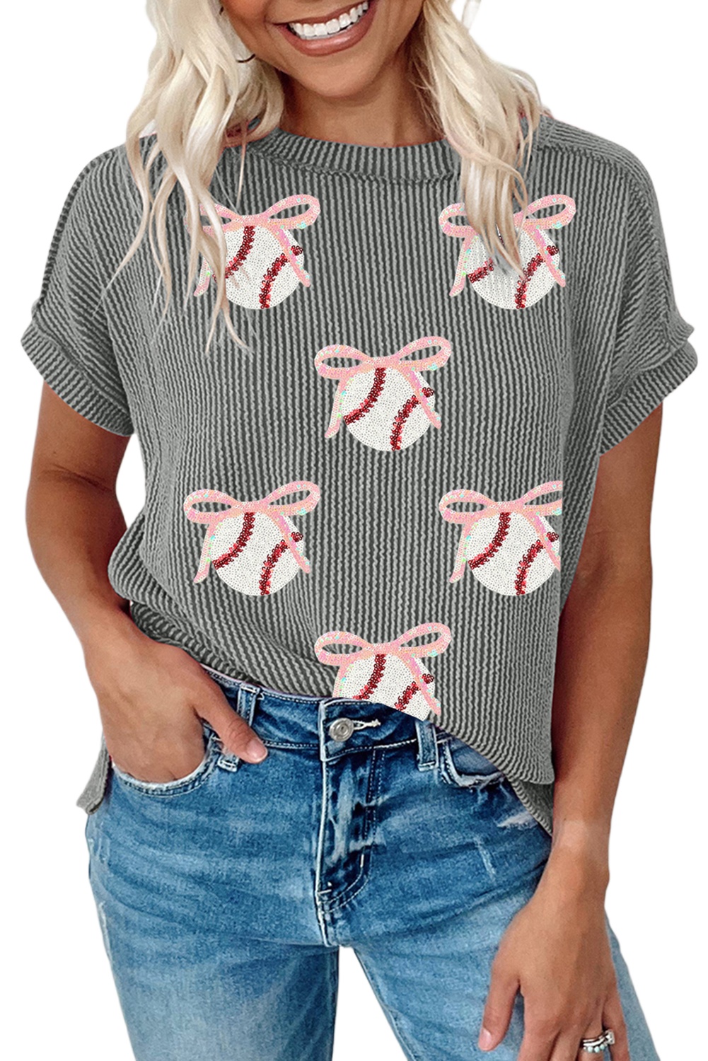 Women's Medium Grey Twist Ribbed Sequined Bow Graphic T-Shirt for Game Day - Main View