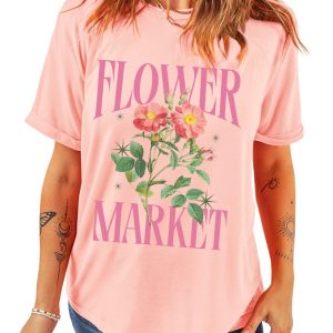 Women's Pink FLOWER MARKET Graphic Crewneck T-Shirt - Casual Summer Style - Main View