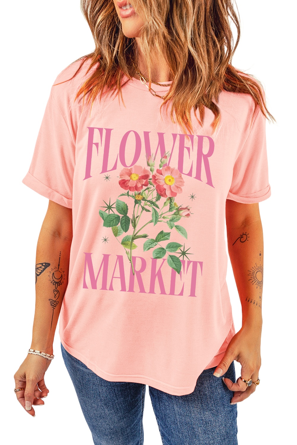 Women's Pink FLOWER MARKET Graphic Crewneck T-Shirt - Casual Summer Style - Main View