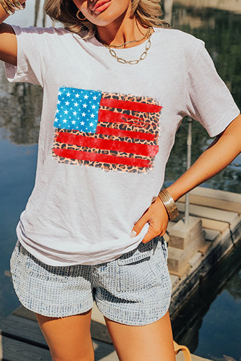 Trendy Women's Cotton Blend T-Shirt with Leopard Design and American Flag Pattern - Detail View 2