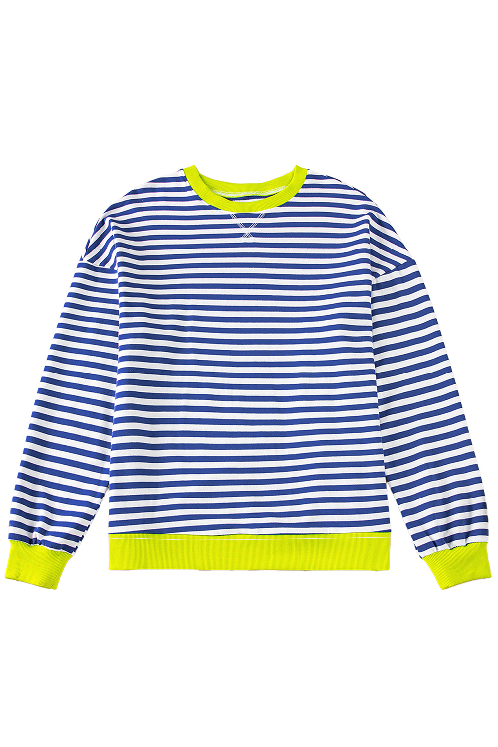 Women's Sweatshirt, Sky Blue Striped, Contrast Ribbed Trim, Drop Shoulder, Casual Style, Oversized Fit, Fall Fashion, Comfortable, Daily Wear, Long Sleeve, Round Neck, Cotton Blend, Timeless Silhouette - Detail View 16