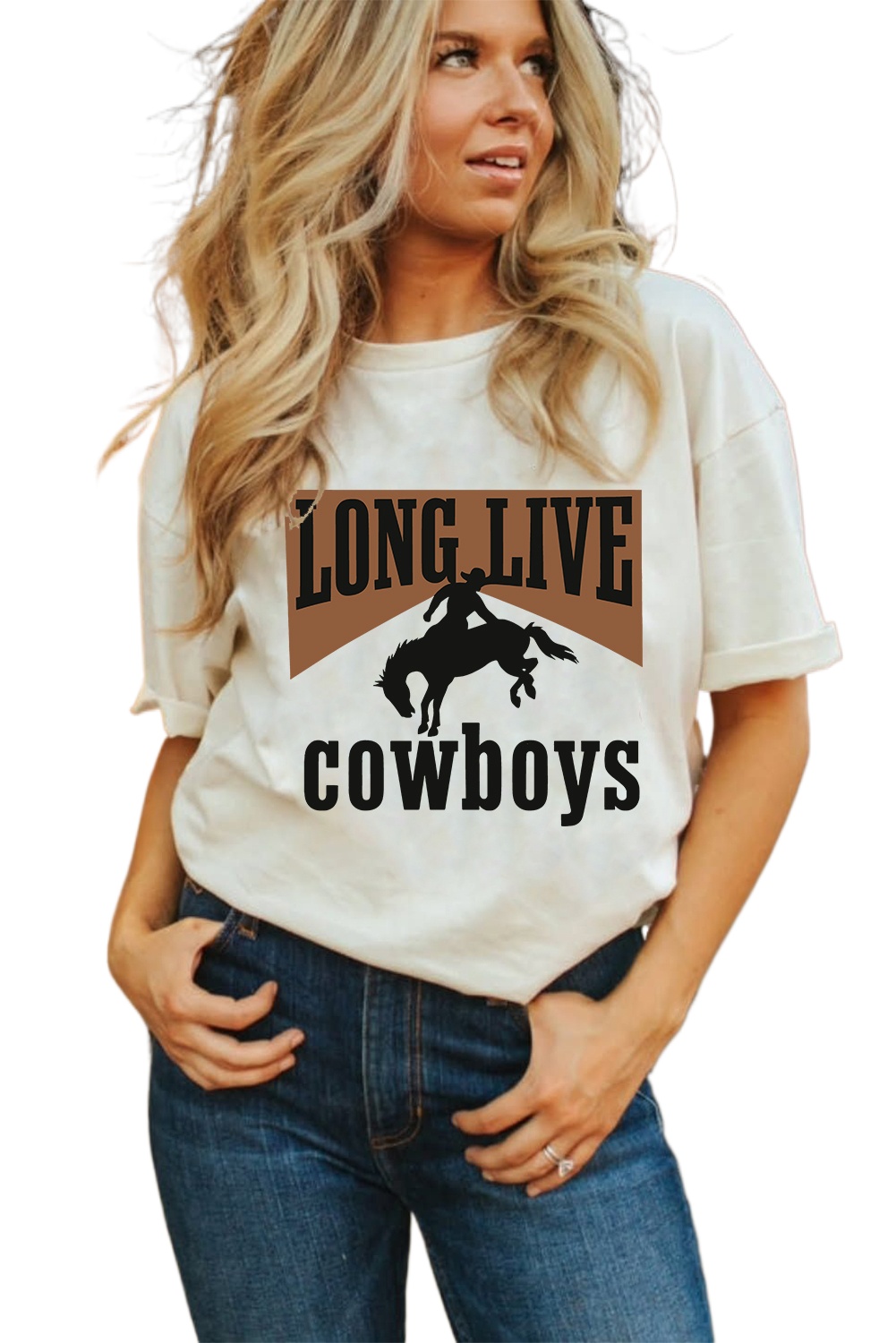 Women's White 'LONG LIVE Cowboys' Western Graphic Loose Tee - Main View