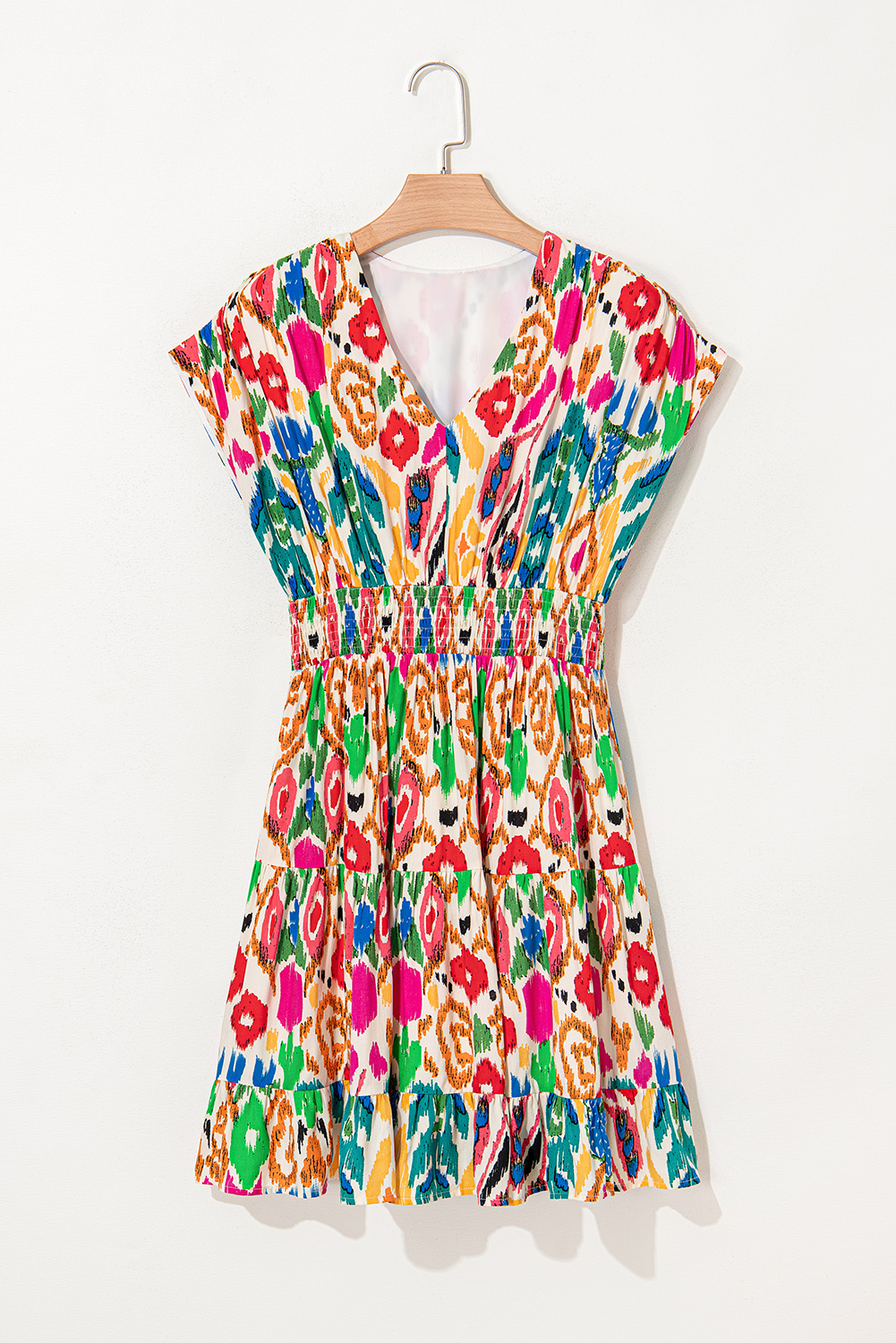 Sky Blue Abstract Print V Neck Dolman Sleeve Ruffle Tiered Mini Dress for Women - Detail View 9