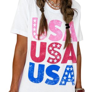 Women's White USA Starry Letter Graphic Cotton Blend T-Shirt for Summer - Main View