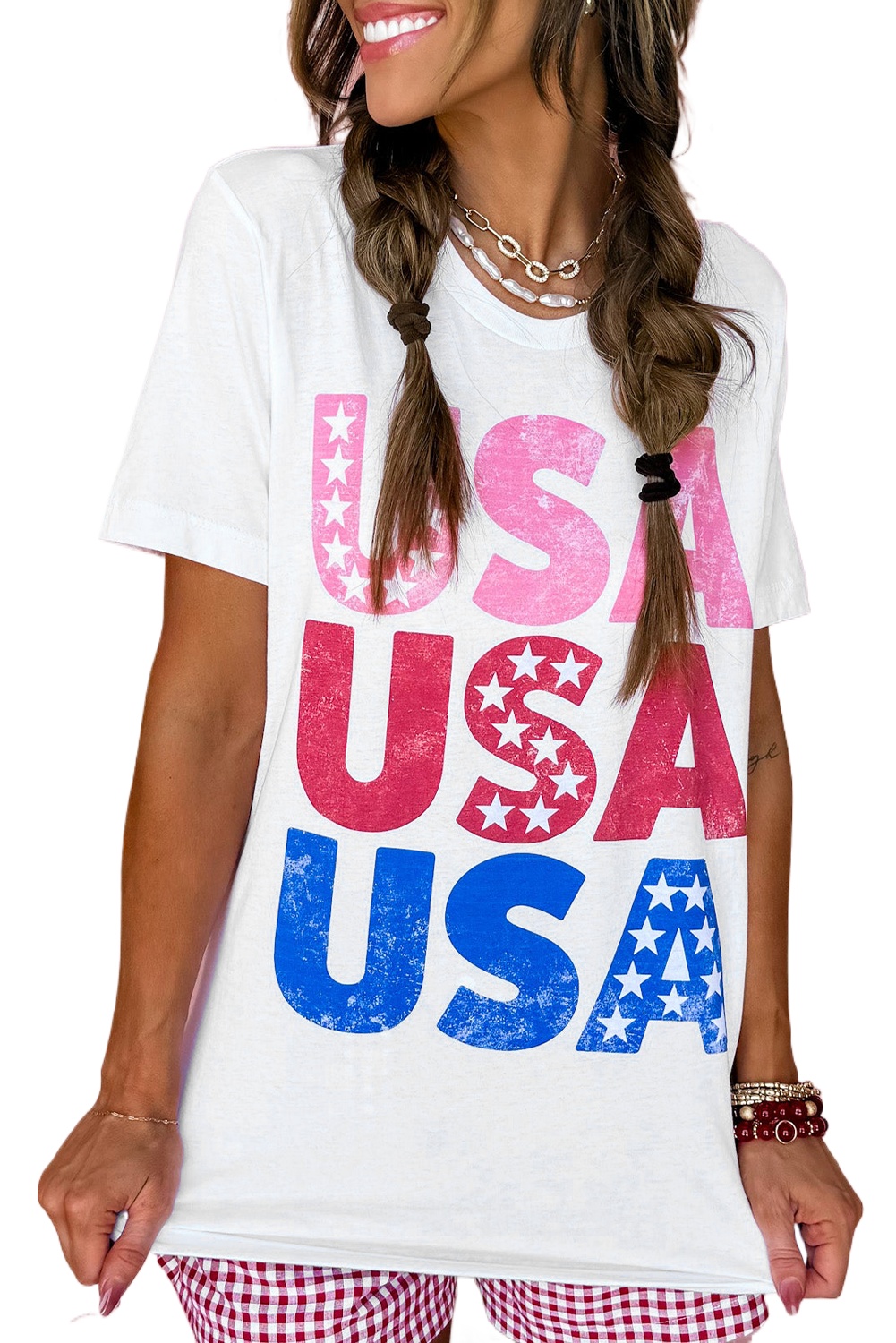 Women's White USA Starry Letter Graphic Cotton Blend T-Shirt for Summer - Main View