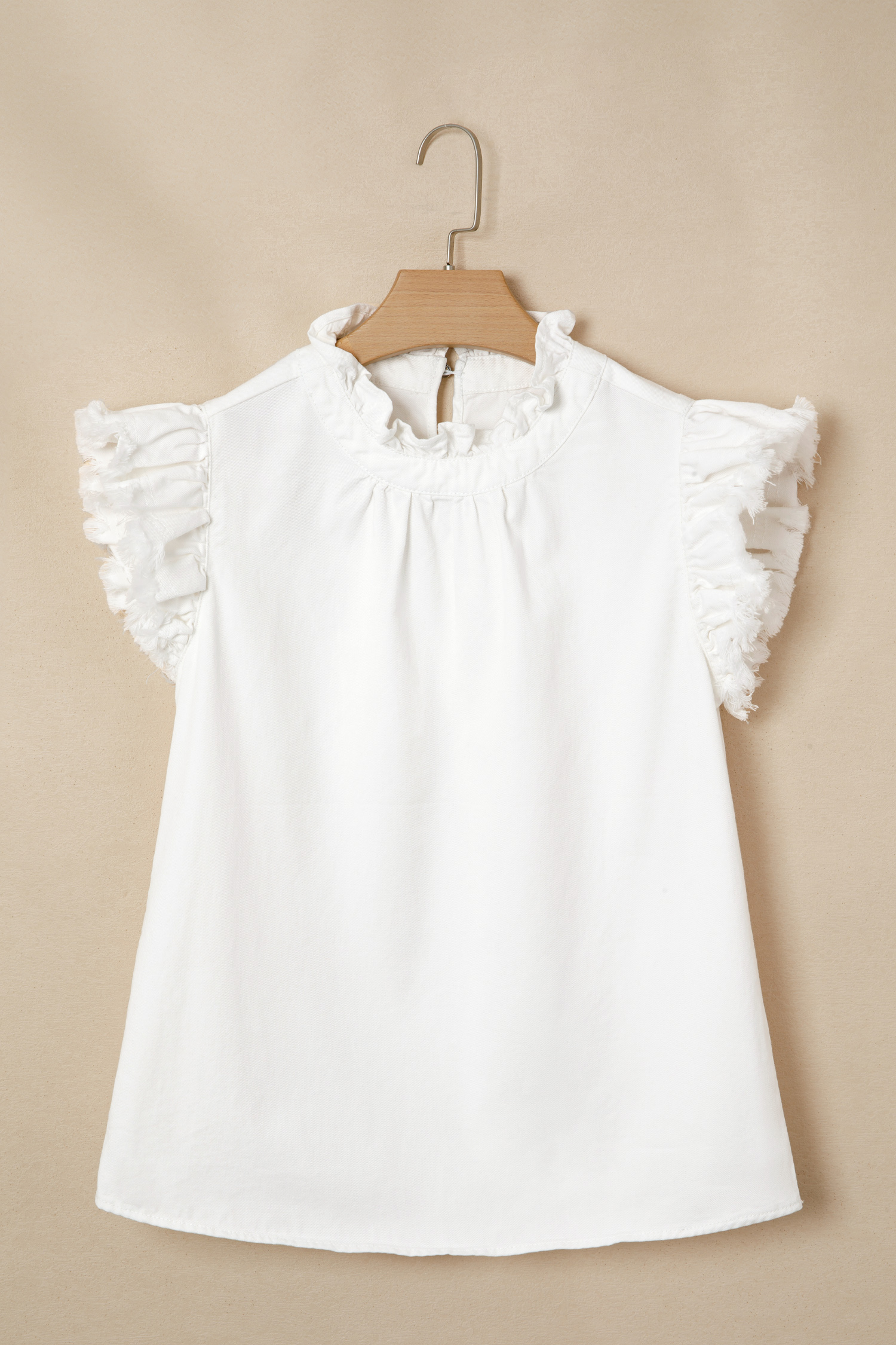 Elegant Women's Sleeveless Denim Top – White Round Neck Blouse with Flutter Sleeves for Summer Outfits - Detail View 3