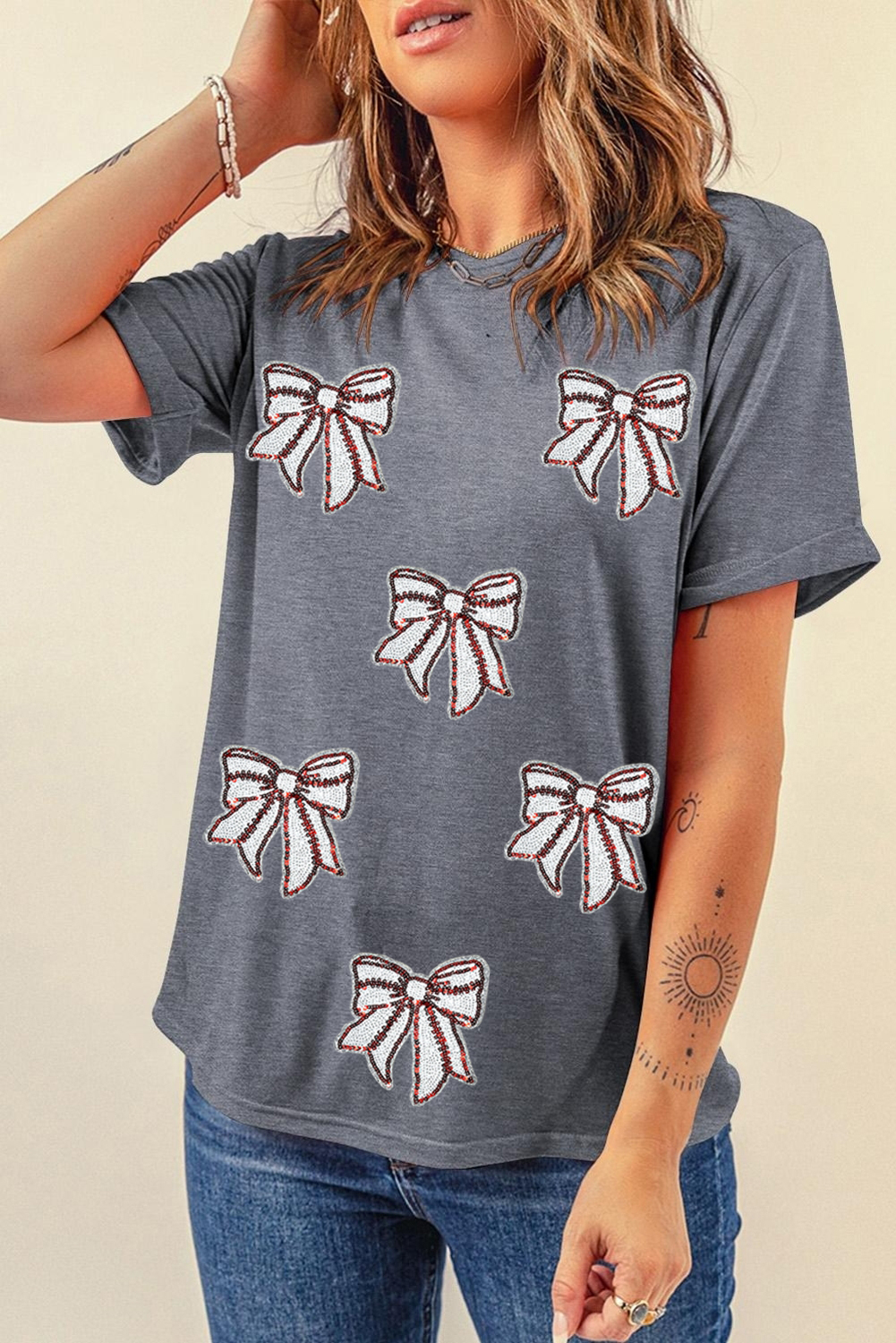 Stylish Gray Baseball Graphic Tee with Sequin Bow Detail - Perfect for Game Day - Detail View 6
