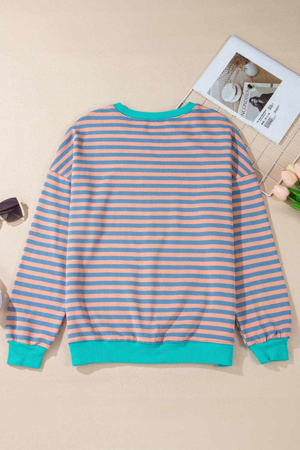 Women's Sweatshirt, Racing Red, Striped Pattern, Contrast Ribbed Trim, Drop Shoulder, Oversized Fit, Casual Style, Long Sleeve, Round Neck, Cozy, Daily Wear, Fall Fashion, Autumn Style, Cotton Blend - Detail View 12