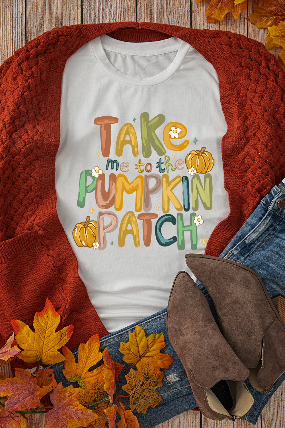 Relaxed Fit White Cotton Blend Tee with Pumpkin Patch Slogan - Summer to Fall Style - Detail View 3