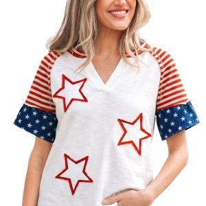 Women's Fiery Red Star Patchwork V-Neck Top – Casual Striped Short Sleeve Summer Shirt - Main View