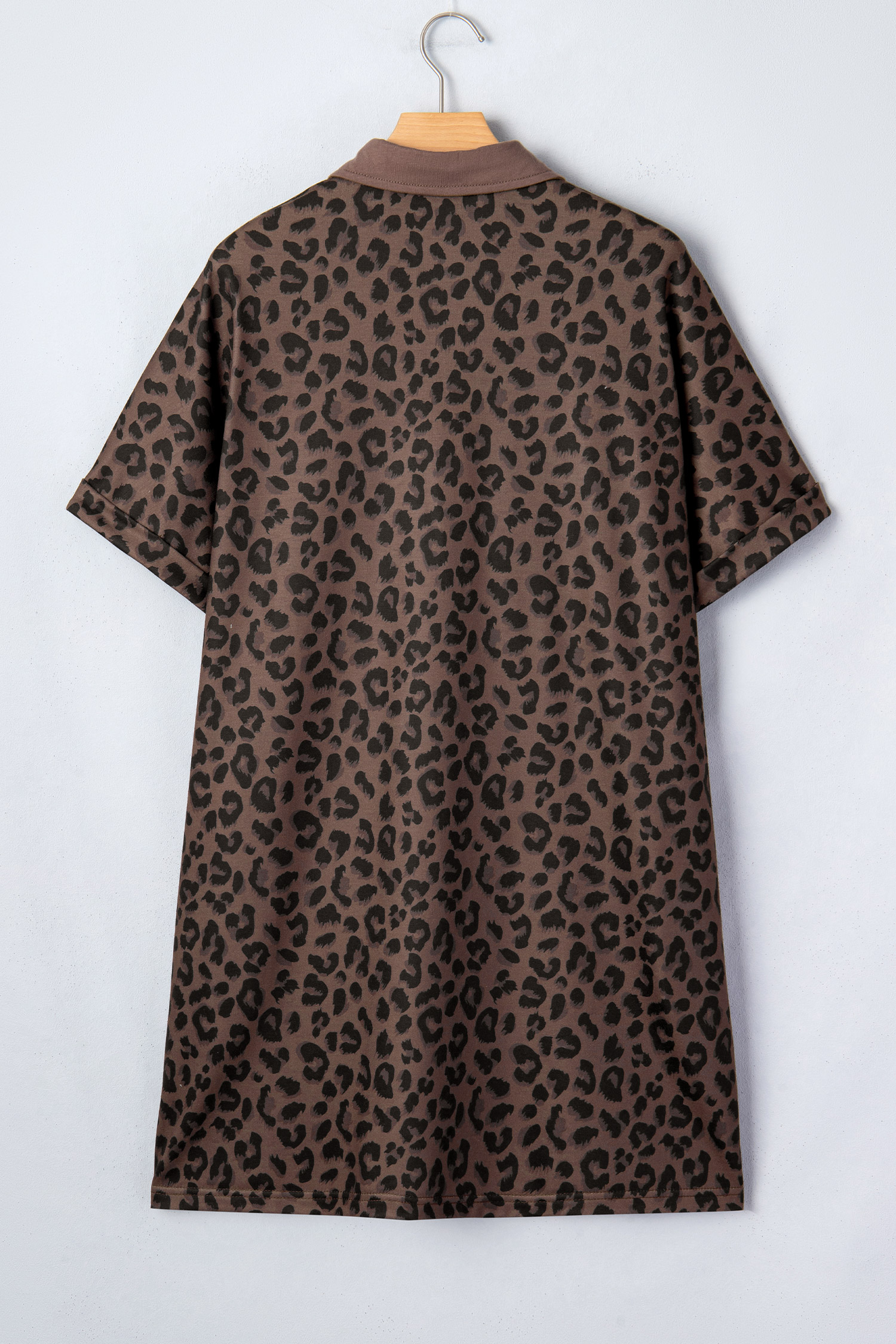 Women's Brown Leopard Print Mini Dress – Short Sleeve Shift Dress with Contrast Collar for Summer Daily Wear - Detail View 13