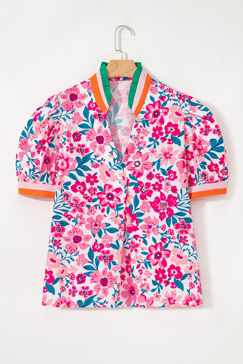 Chic V Neck Pink Floral Blouse with Breezy Fit and Stylish Striped Detail - Detail View 3