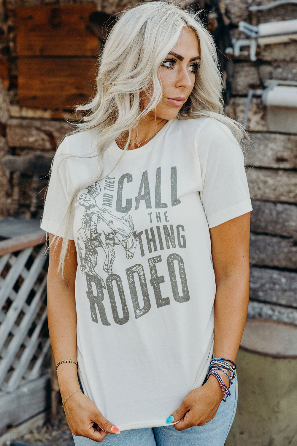 Women's White 'AND THEY CALL THE THING RODEO' Graphic Round Neck T-Shirt - Detail View 5