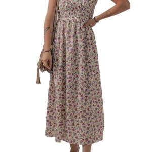 Women's Multicolour Bohemian Ditsy Floral Smocked Fit & Flare Sundress for Summer - Main View