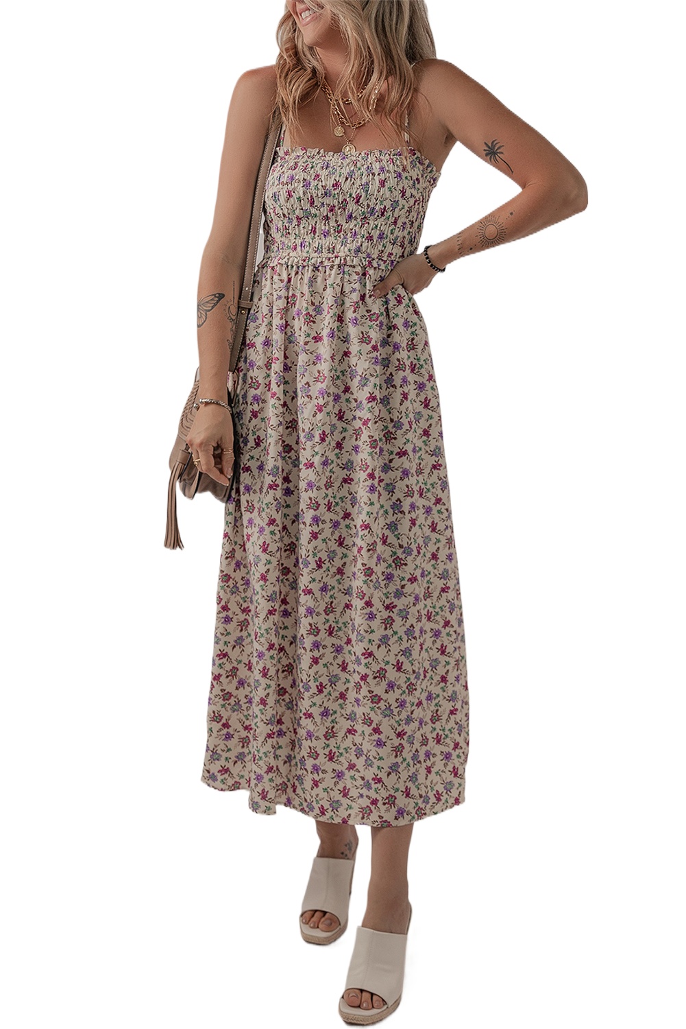 Women's Multicolour Bohemian Ditsy Floral Smocked Fit & Flare Sundress for Summer - Main View