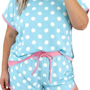 Women's Plus Size 2 Piece Short Set – Sky Blue Polka Dot Print Casual Summer Outfit - Main View