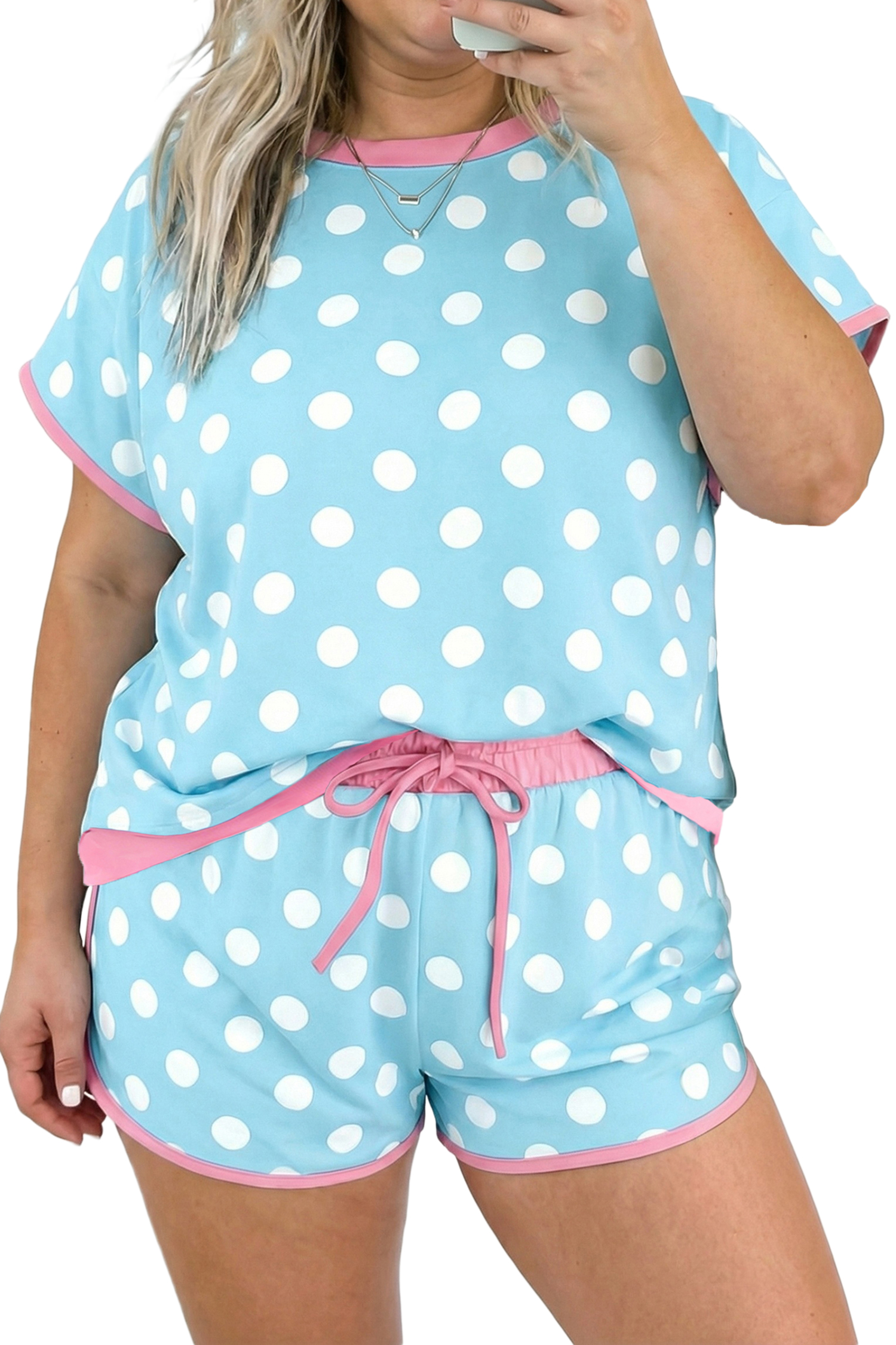 Women's Plus Size 2 Piece Short Set – Sky Blue Polka Dot Print Casual Summer Outfit - Main View