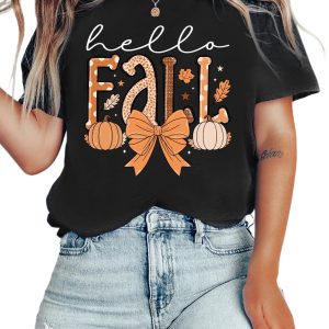 Women's Black Hello Fall Thanksgiving Bow Pumpkin Graphic Tee - Main View