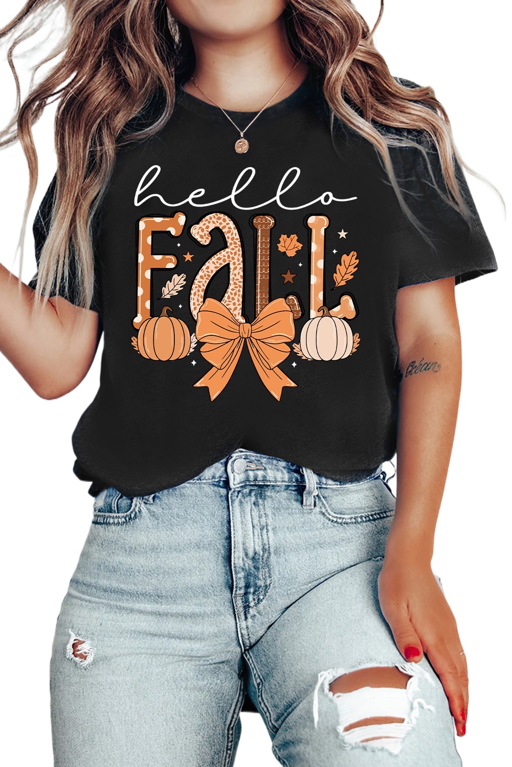 Women's Black Hello Fall Thanksgiving Bow Pumpkin Graphic Tee - Main View