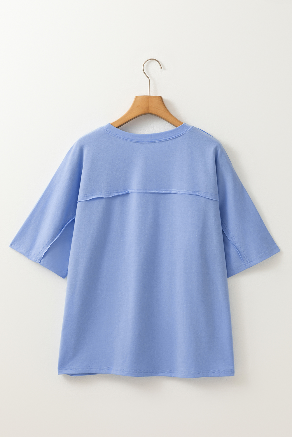 Women's Sky Blue Floral Patched Crew Neck Loose Tee with Exposed Stitching - Detail View 5
