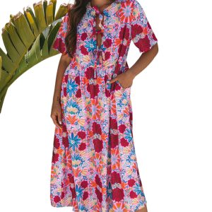 Women's Rose Floral Tied Front High Waist Maxi Dress - Short Sleeve Loose Fit - Main View