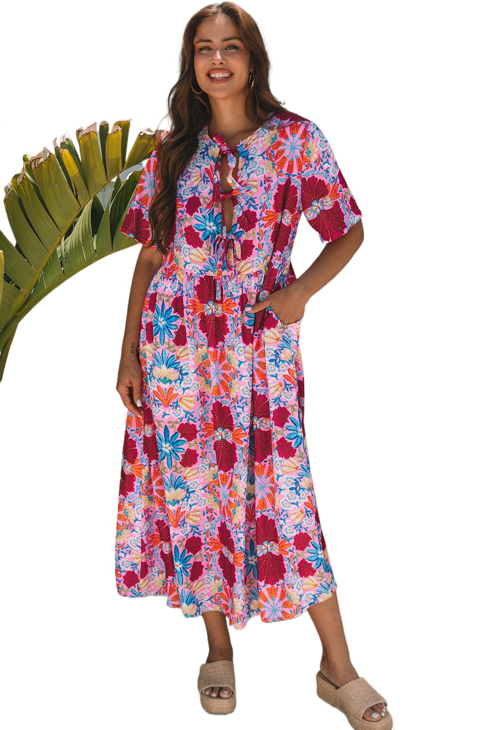 Women's Rose Floral Tied Front High Waist Maxi Dress - Short Sleeve Loose Fit - Main View