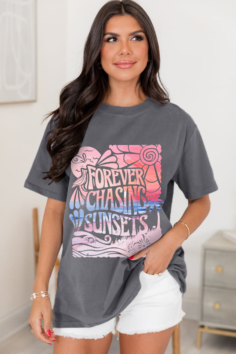 Women's Gray 'FOREVER CHASING SUNSETS' Graphic Summer T-Shirt - Detail View 5