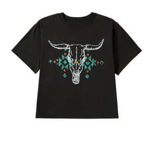 Plus Size Women's Carbon Grey Western T-Shirt – Aztec Bull Skull Print, Short Sleeve Round Neck for Summer Daily Wear - Main View
