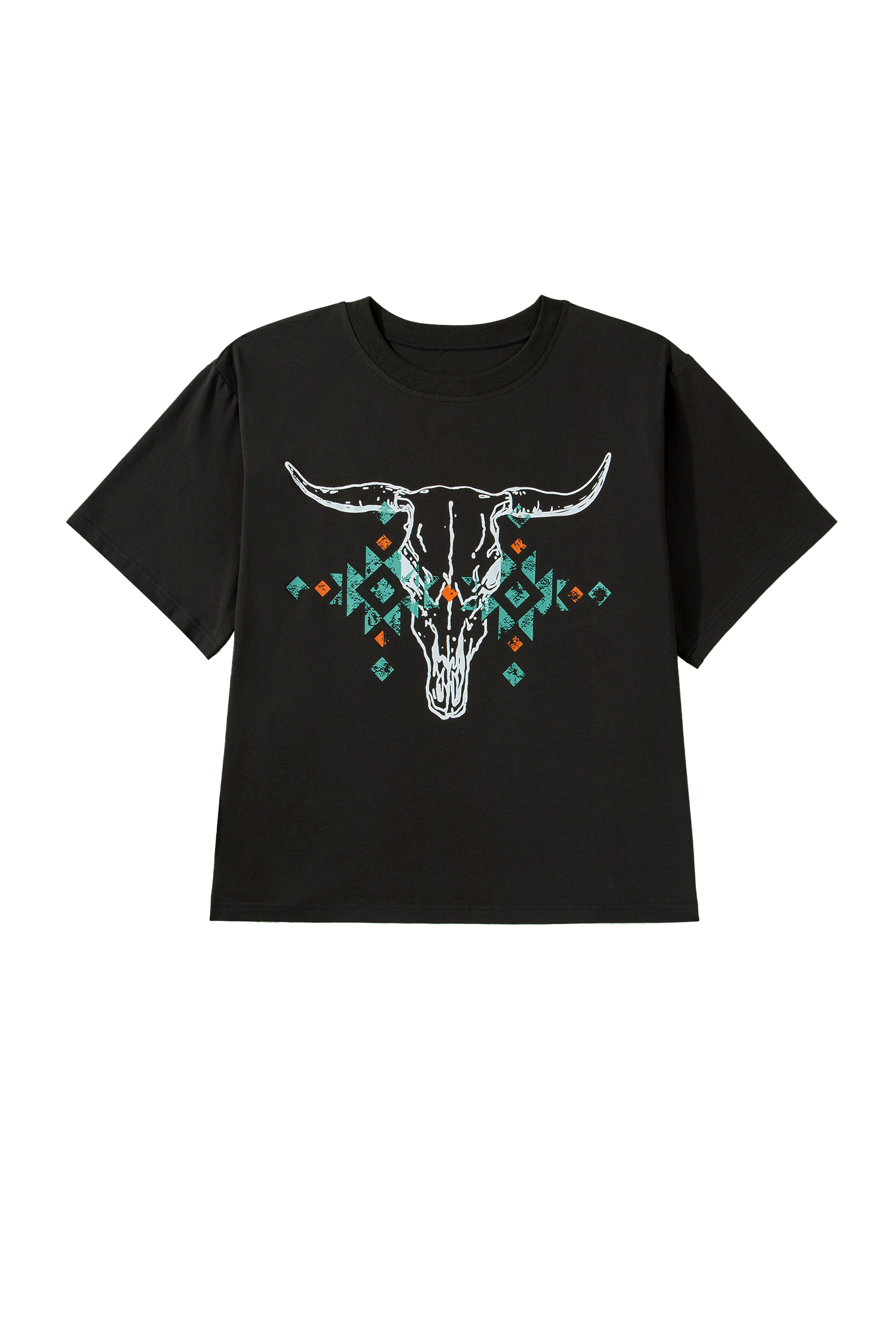 Plus Size Women's Carbon Grey Western T-Shirt – Aztec Bull Skull Print, Short Sleeve Round Neck for Summer Daily Wear - Main View