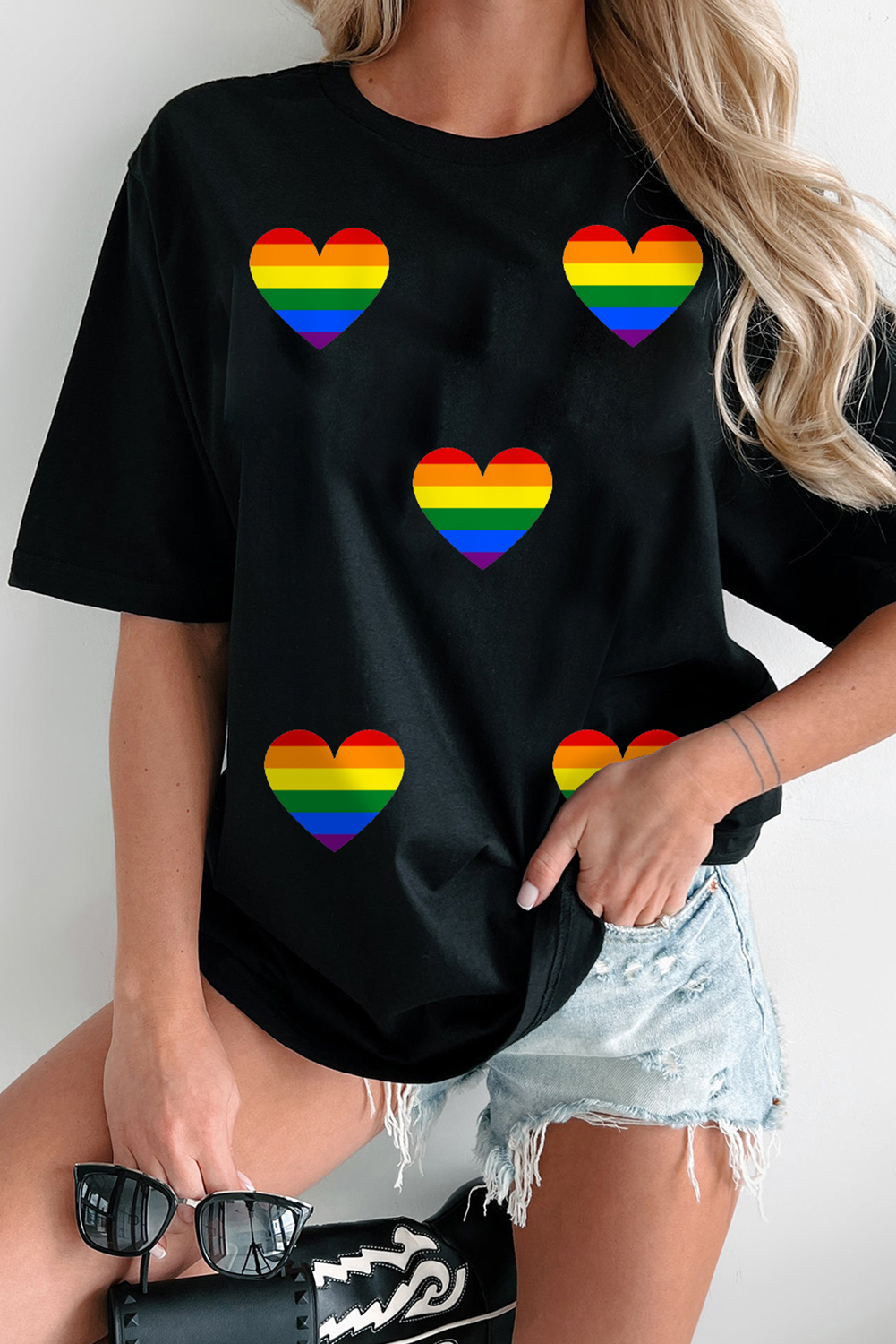 Stylish Women's Black T-Shirt with Colorful Heart Graphics - Perfect for Summer - Detail View 2