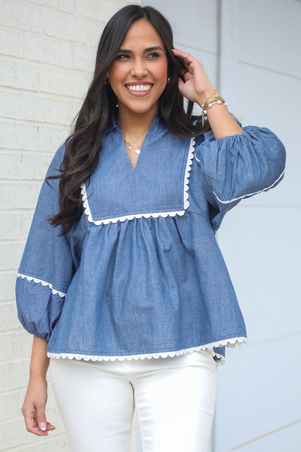 Women's Blouse, Dusk Blue, Lace Ric Rac, Puff Sleeve, Collared, Babydoll Silhouette, Casual Style, Flattering Fit, Elegant Neckline, Summer Fashion, Comfortable Top, Daily Wear, Tops & Shirts - Detail View 8