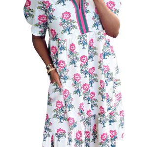 Women's White Allover Print Contrast Split Neckline Short Puff Sleeve Curvy Dress - Main View