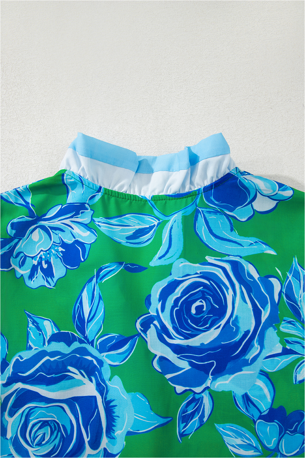 Women's Bright Green Floral Frilled V Neck Short Sleeve Blouse Top - Detail View 9