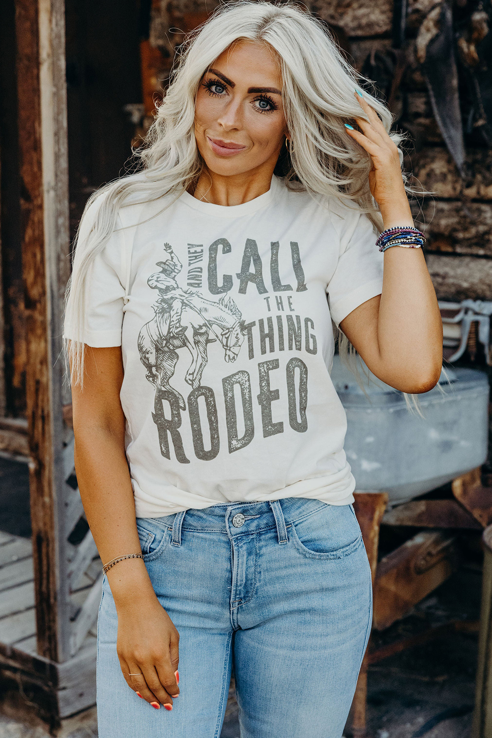 Casual Western Charm: Women's Short Sleeve Tee with Rodeo Print - Detail View 6