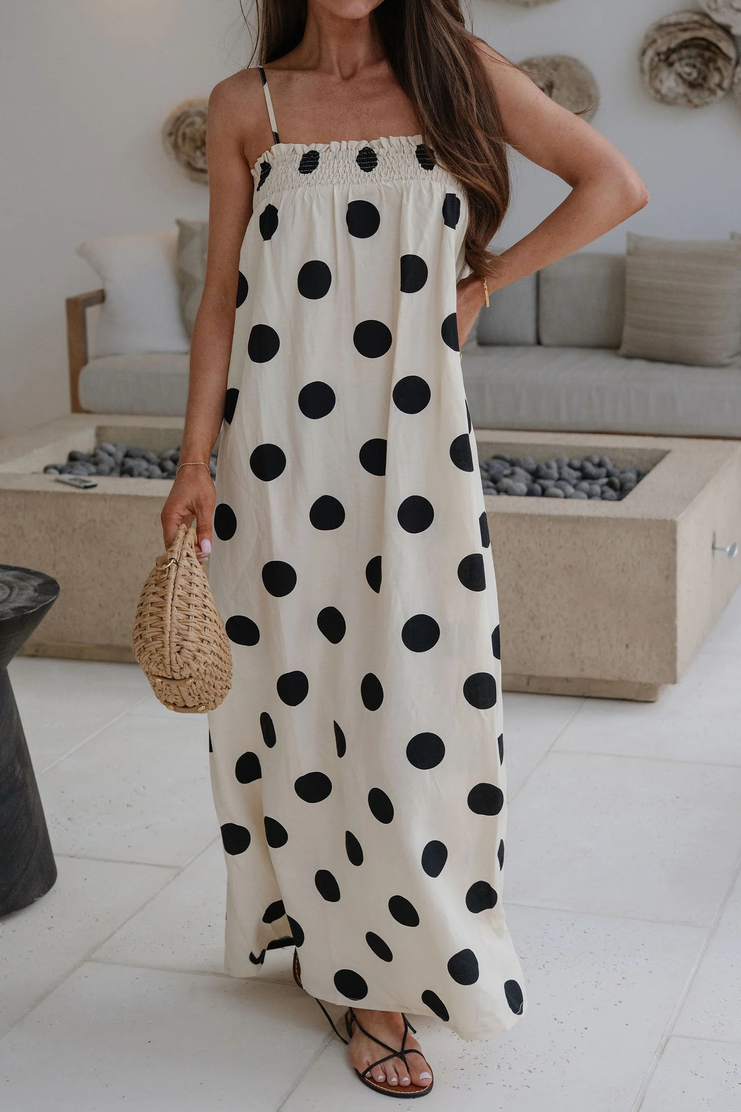 Adult Women's Polka Dot Maxi Dress – Flowy Sleeveless Shift for Summer Vacation & Daily Wear - Detail View 8