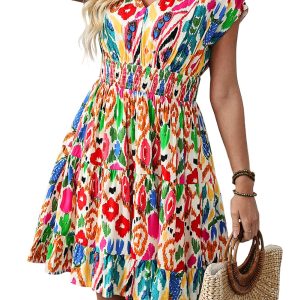 Sky Blue Abstract Print V Neck Dolman Sleeve Ruffle Tiered Mini Dress for Women - Main View