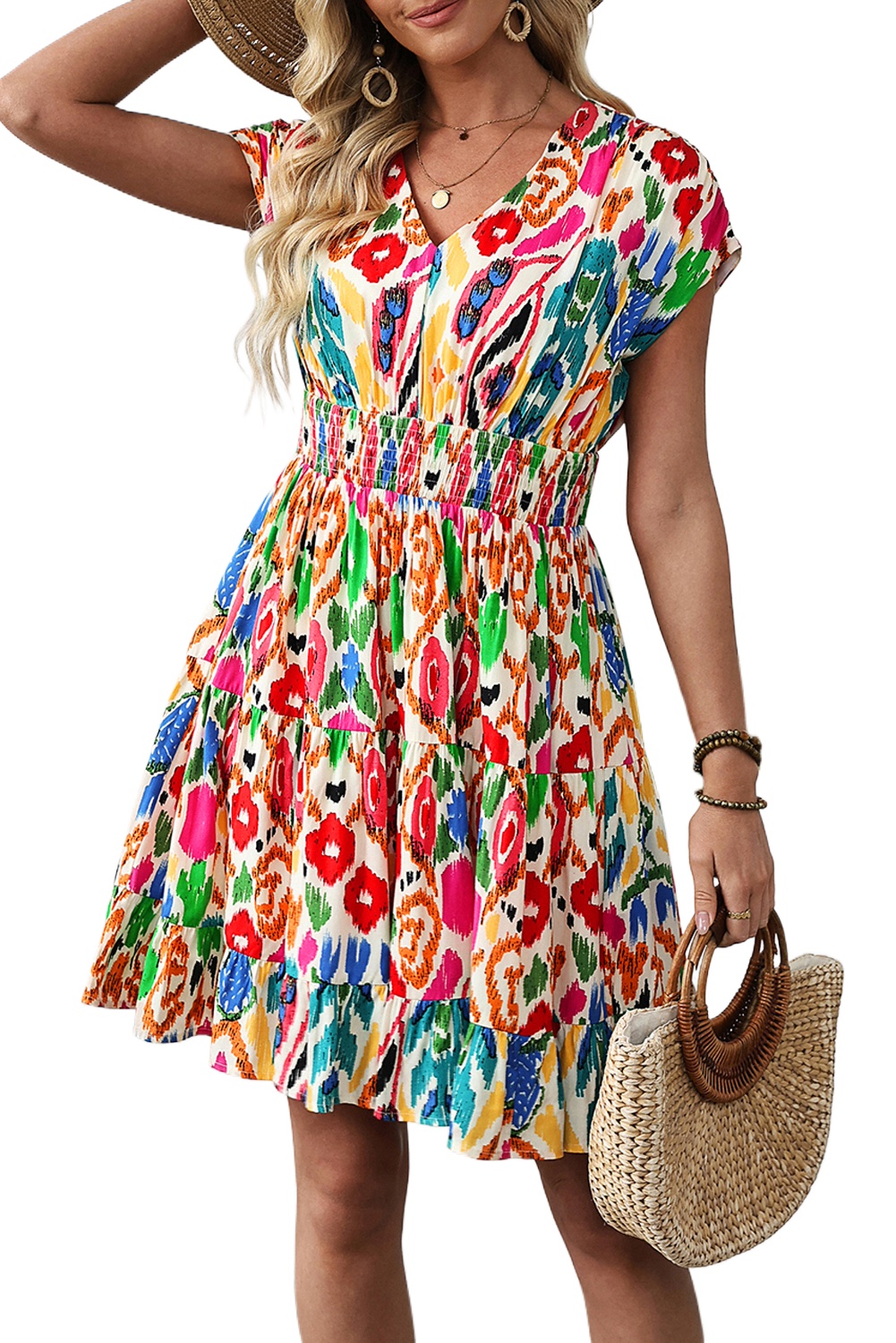 Sky Blue Abstract Print V Neck Dolman Sleeve Ruffle Tiered Mini Dress for Women - Main View