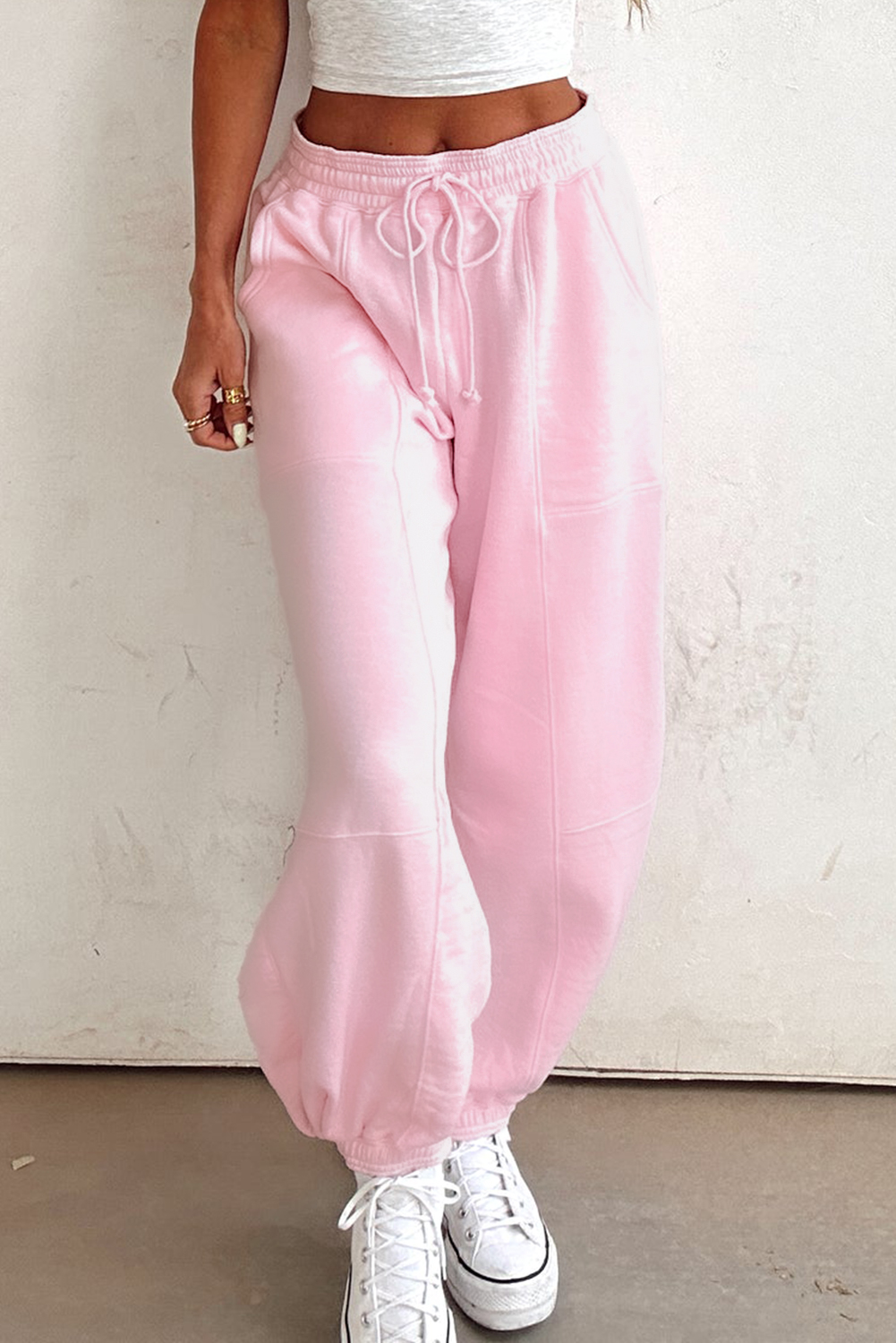 Stylish and Comfortable High Waist Jogger Pants - Light Pink with Trendy Patchwork - Detail View 6