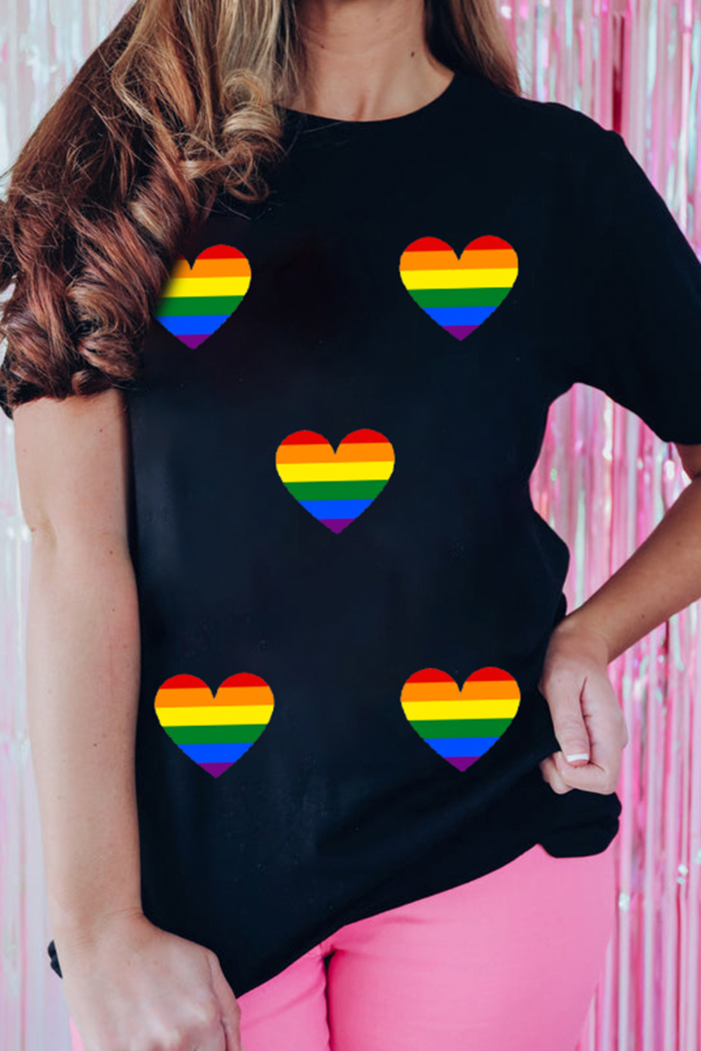 Women's T-Shirt, Black Graphic Tee, Heart Print, Crew Neck, Casual Style, Summer Top, Relaxed Fit, Comfortable, Quality Fabric, Daily Wear, Trendy Design, Short Sleeve, Shift Silhouette - Detail View 8