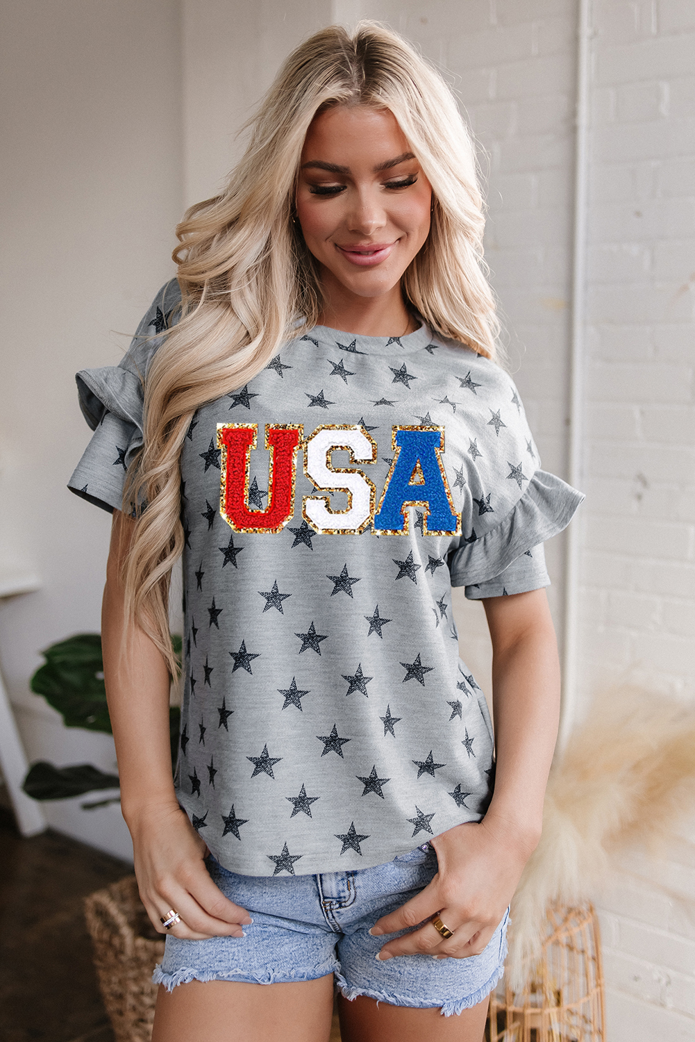 Patriotic Star Print Tee for Women - Round Neck, Casual Style, Perfect for Summer - Detail View 3