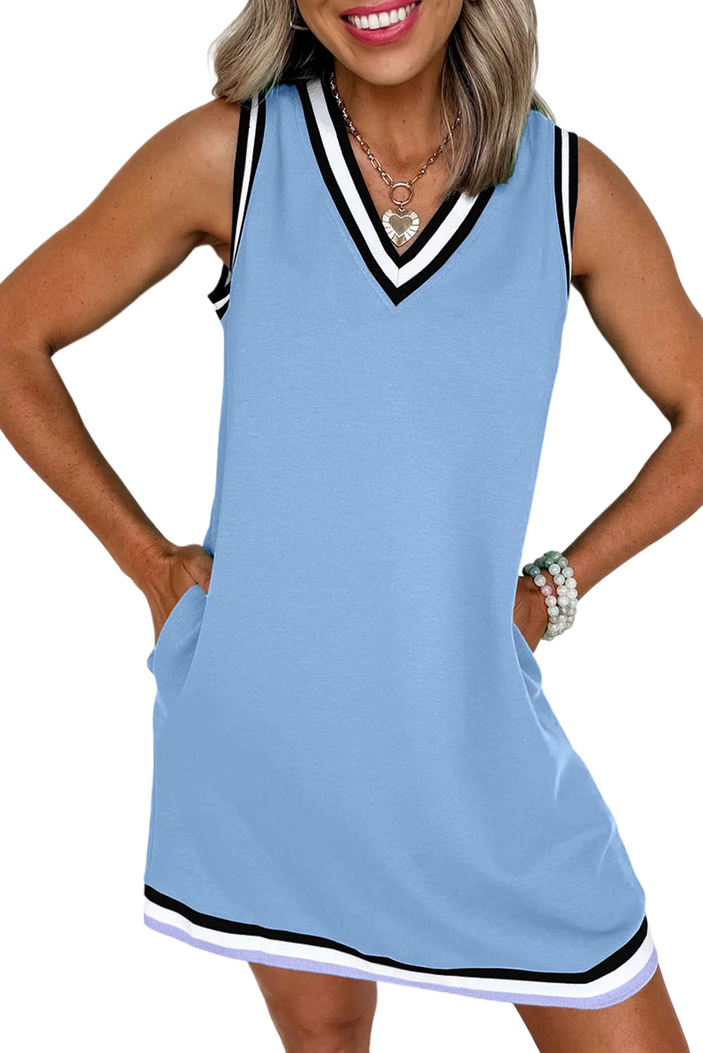 Women's Myosotis Color Contrast Trim V Neck Shift Sleeveless Mini Dress - Main View