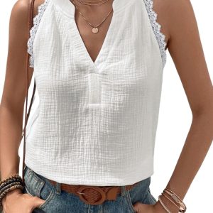 Women's Elegant White Textured Lace Trim Sleeveless Cotton Top - Main View