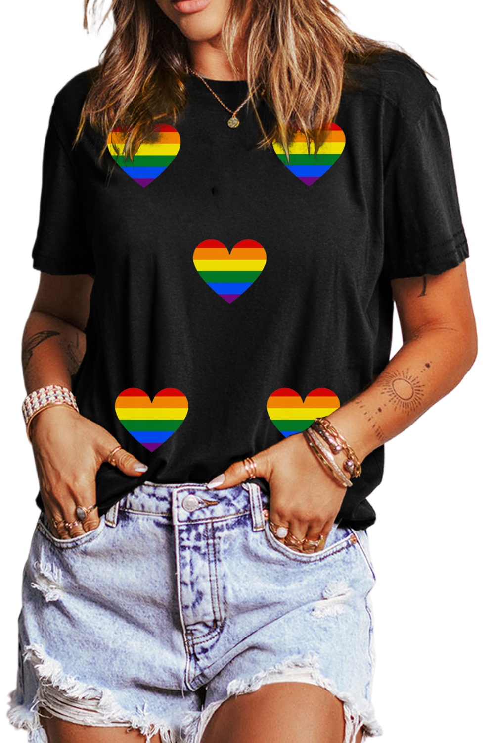 Chic Black Heart Print Crew Neck T-Shirt for Women - Casual Graphic Tee - Main View